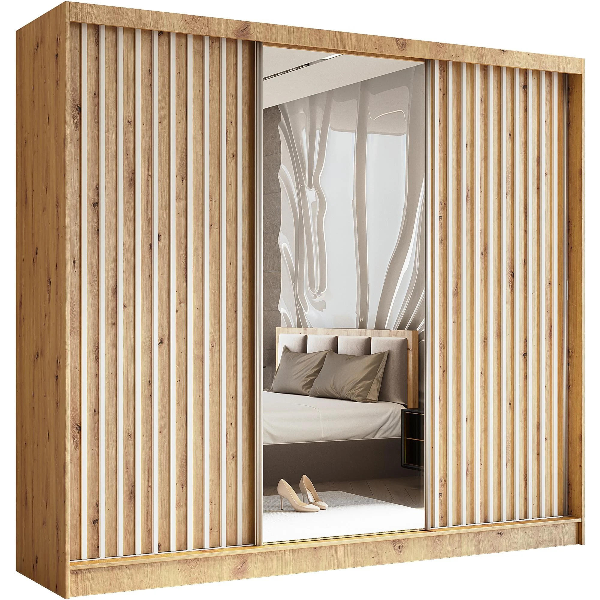 Beautysofa SKŘÍŇ s posuvnými dveřmi Helix 240/216/61 dub Artisan + bílá se zásuvkami