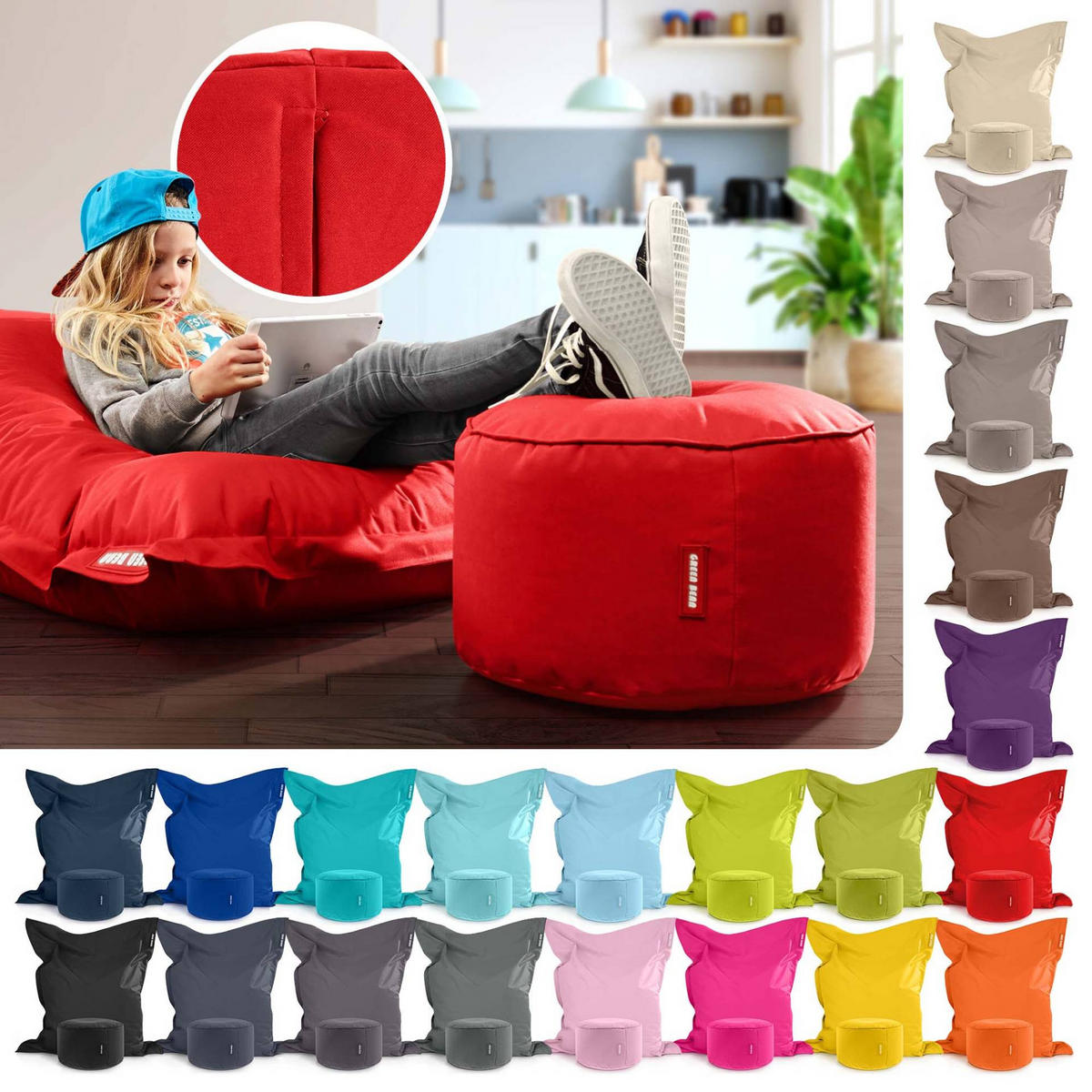 XXL-SITZSACK + Pouf 2er Set - 140x180cm - Rot, Textil (140/25/180cm) - Green Bean