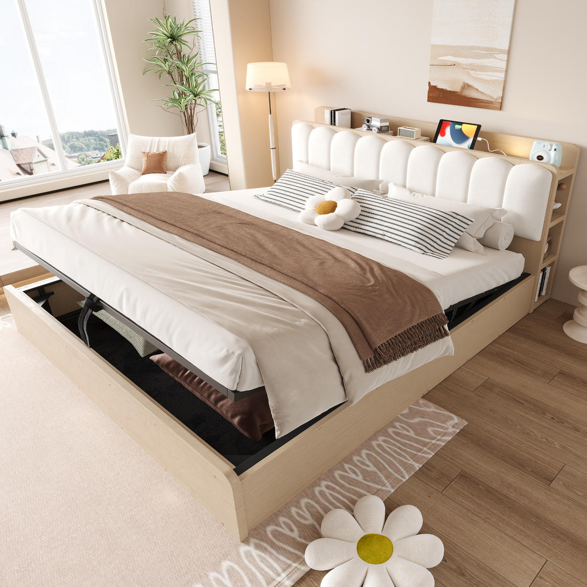 BETT 180/200 cm in Naturfarben & Beige mit Bettkasten, USB, Nachtlicht und Ablage Samt - Weiß/Naturfarben, Holzwerkstoff/Textil (180/200cm) - STILVORA