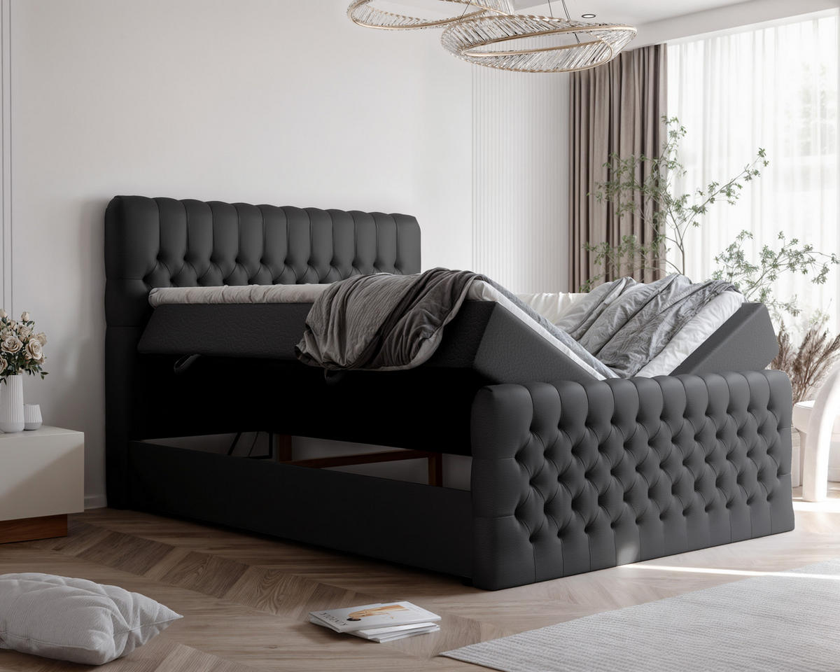 BOXBETT ALBA PLUS 160/200 cm mit Matratze und Topper, Schwarz - Schwarz, Textil (160/200cm) - Idohome
