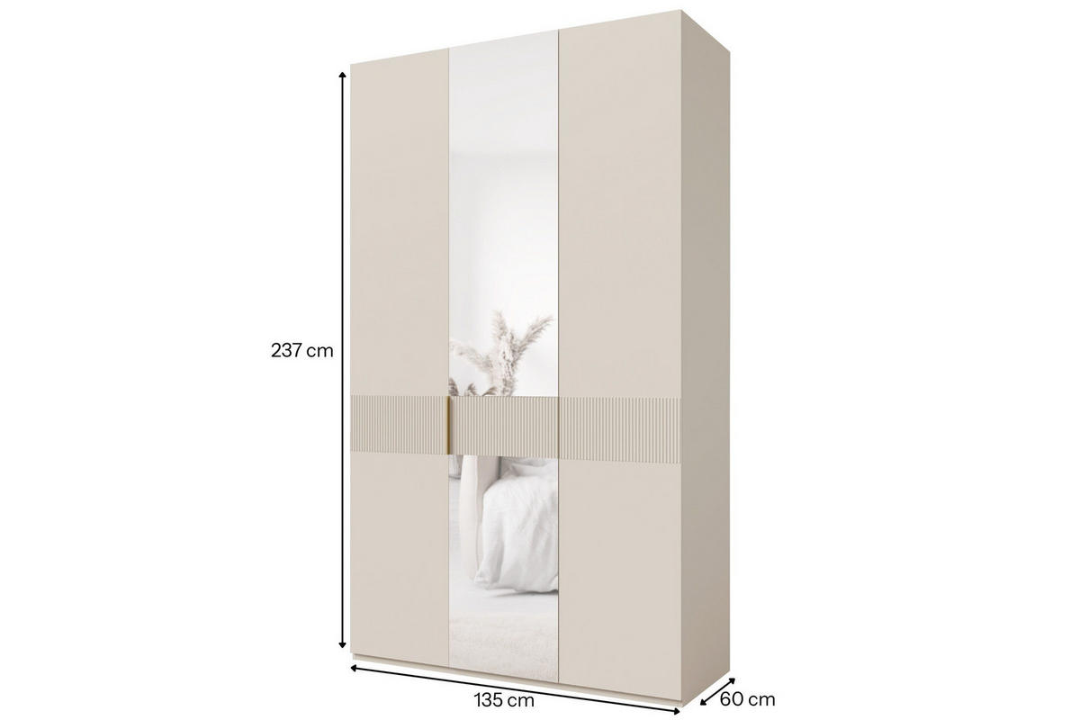 KLEIDERSCHRANK SUN 135/237/60 cm in Macadamia mit Spiegel - Kaschmir, Holzwerkstoff (135/237/60cm) - Deine Möbel 24