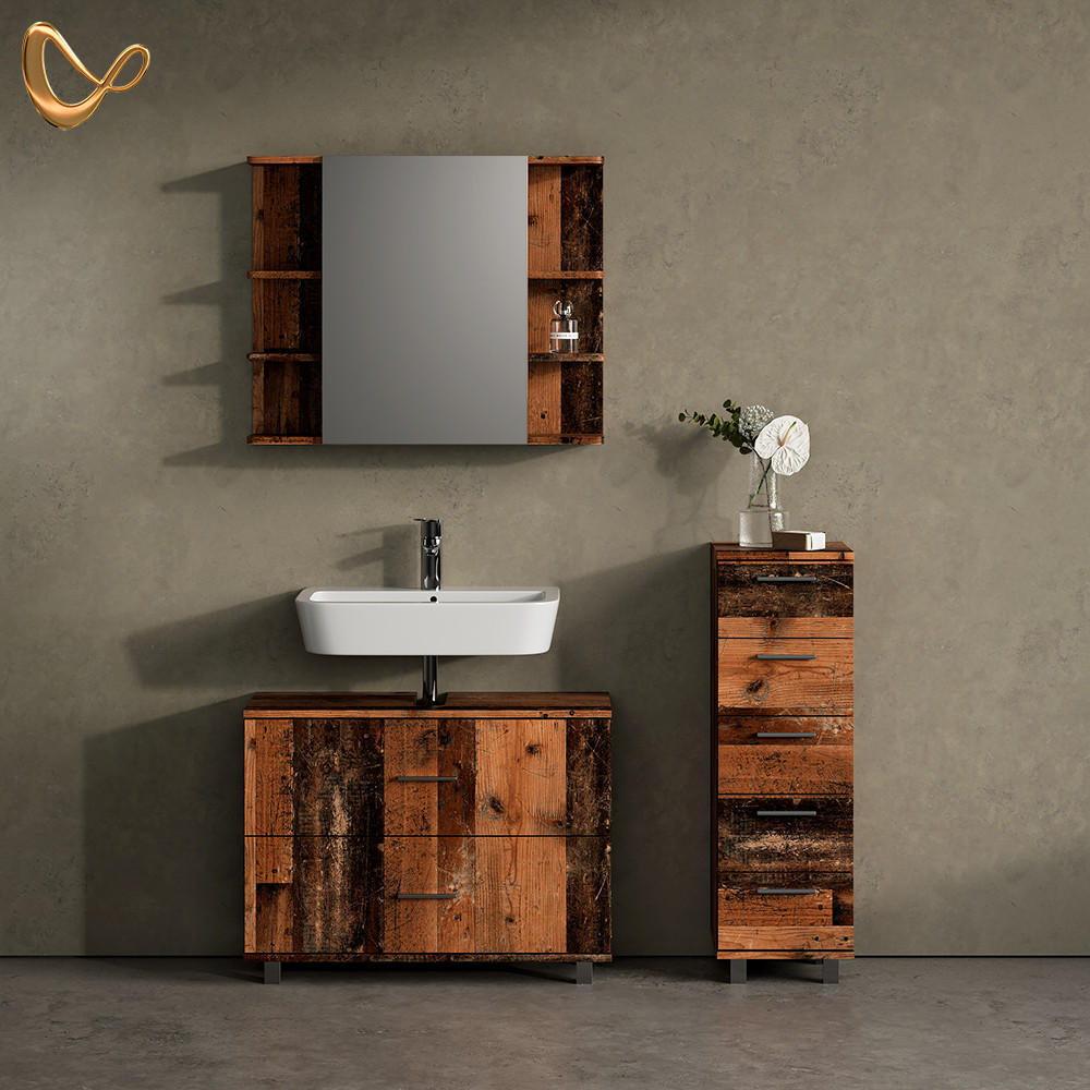 BADMÖBEL-SET Eisak Eiche rustikal 3 Teile, mit Unterschrank 80 cm - Wildeiche, Holzwerkstoff (80/60/33cm) - Livinity®
