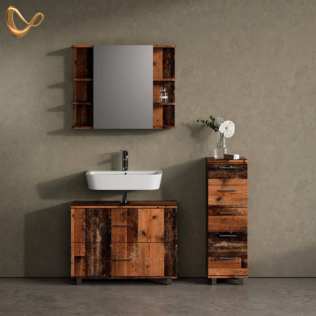 BADMÖBEL-SET Eisak Eiche rustikal 3 Teile, mit Unterschrank 80 cm - Wildeiche, Holzwerkstoff (80/60/33cm) - Livinity®