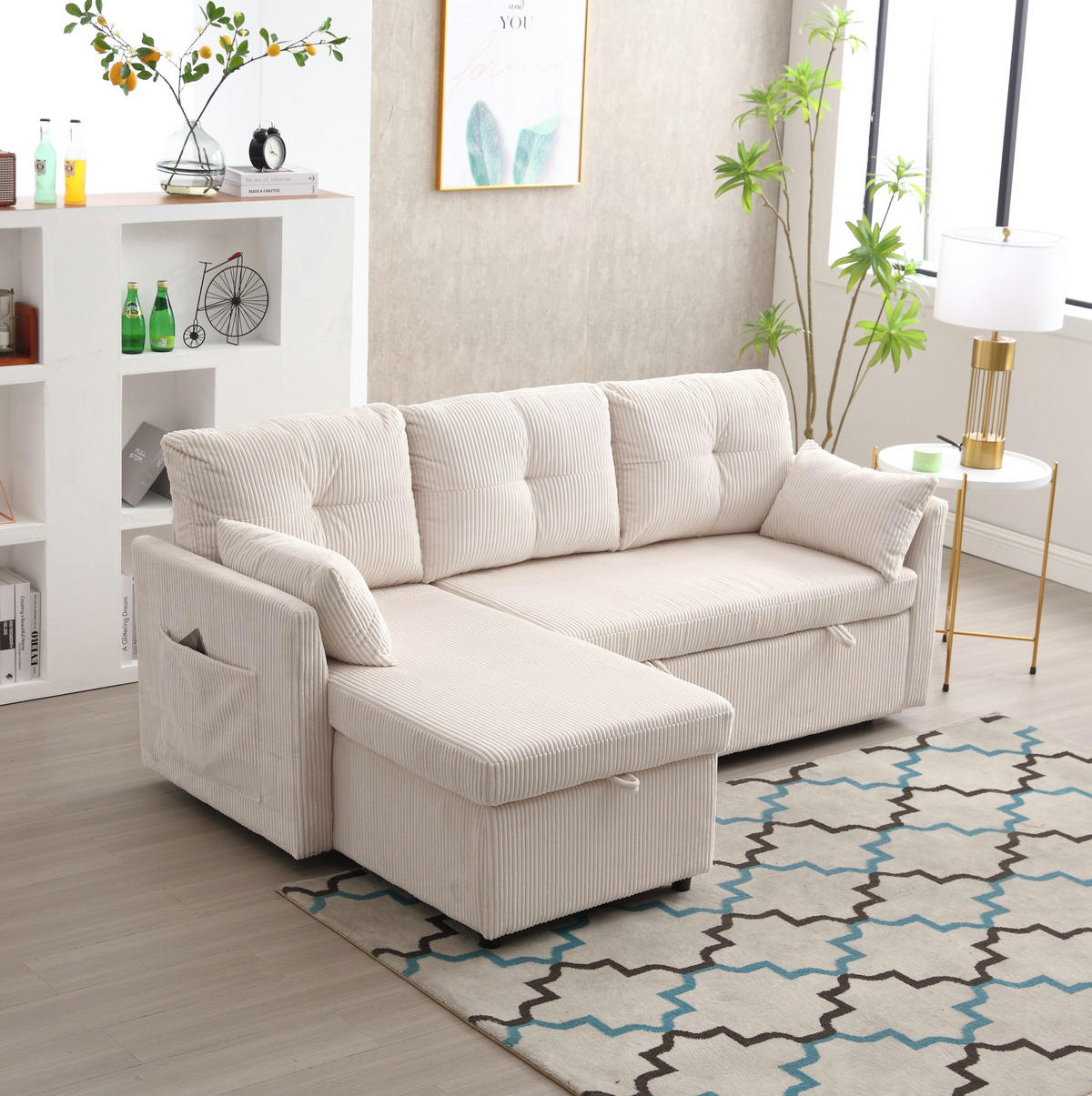 ECKSCHLAFSOFA Cord mit Stauraum und umbaubarer Ottomane Beige 206/108/66 cm - Beige, Textil (108/206cm) - Redom