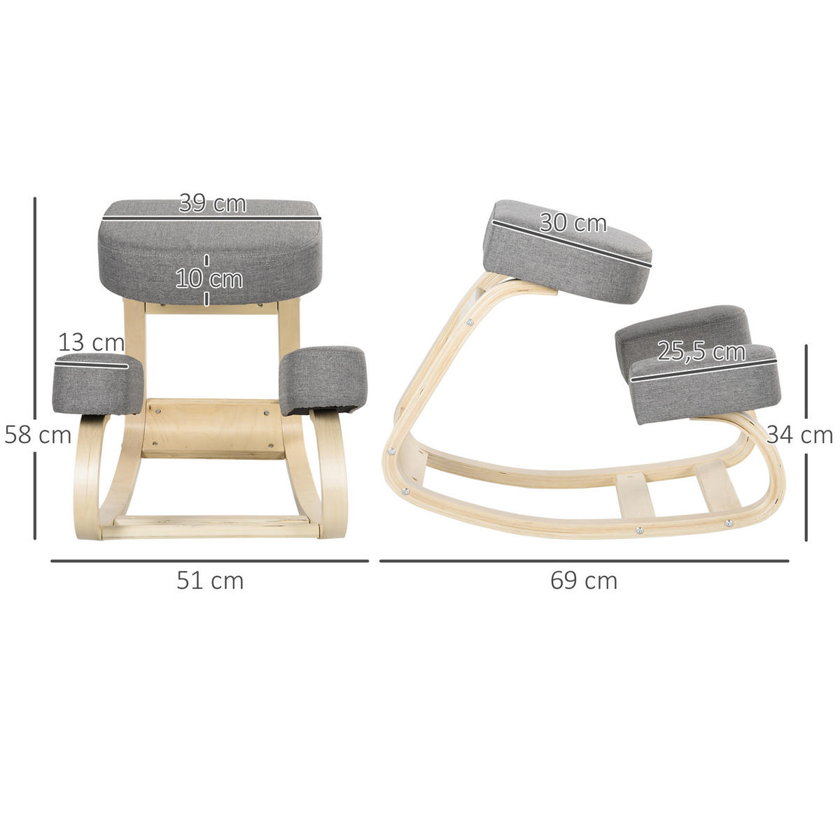 KNIESTUHL, ergonomischer Sitzhocker, Polsterhocker, 120 kg belastbar, Grau - Grau, Holz/Textil (51/58/69cm) - Vinsetto