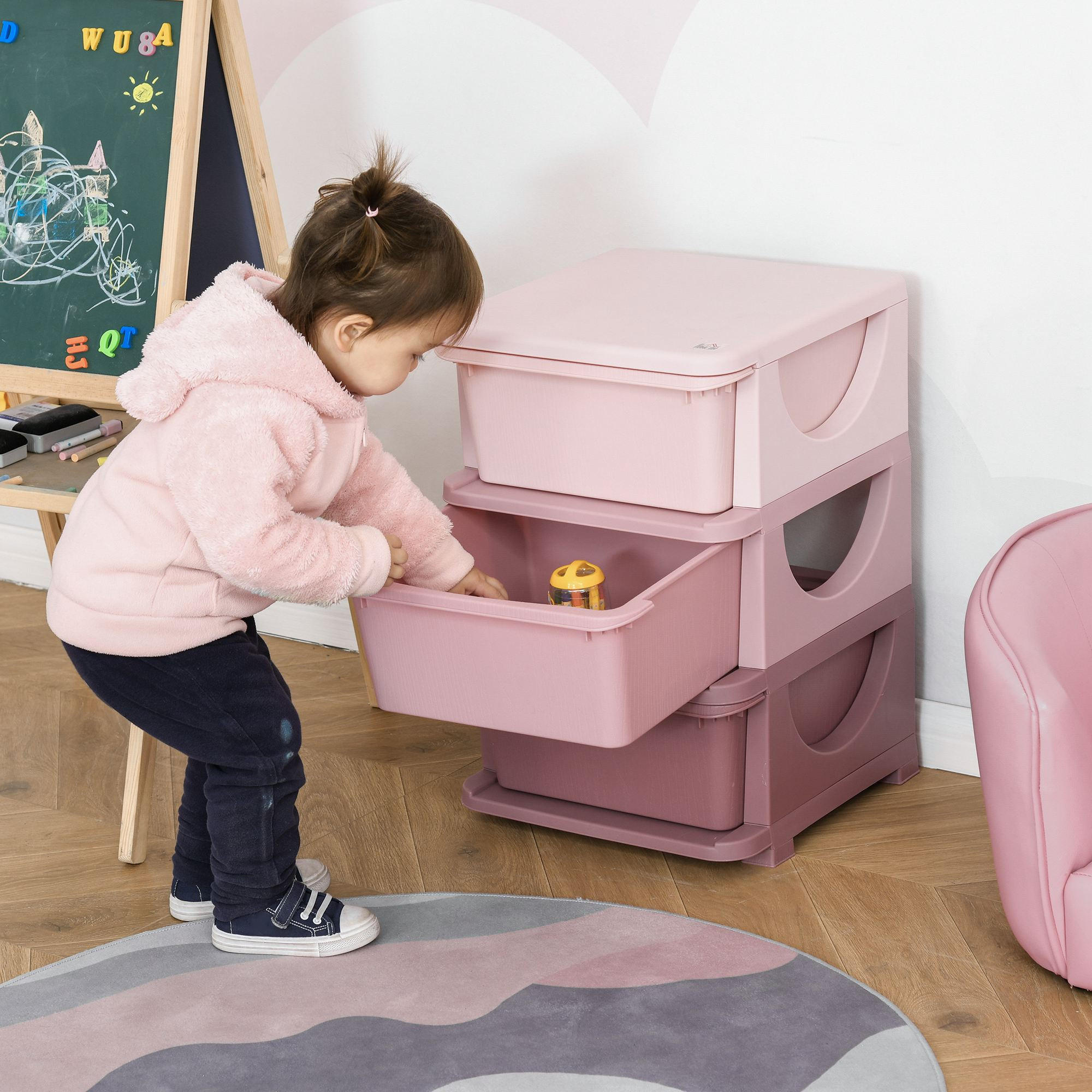 AUFBEWAHRUNGSBOXEN für Kinder, 3 große Schubladen, Kunststoff, Rosa - Rosa, Kunststoff (37/56.5/37cm) - HOMCOM