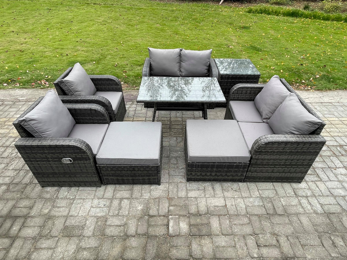 LOUNGEGARNITUR mit ESSTISCH SOFA Polyrattan Dunkelgrau 8-Sitzer - Dunkelgrau/Grau, Glas/Kunststoff - Fimous