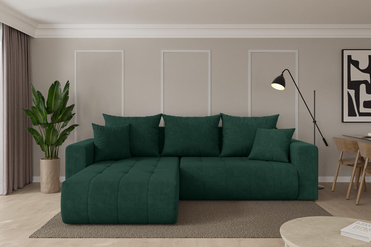 ROHOVÁ SEDAČKA s funkcí spaní, otoman vlevo MILA-L 277x194x86 zelená velur - černá/zelená barva, kompozitní dřevo/textil (277/194cm) - ALTDECOR