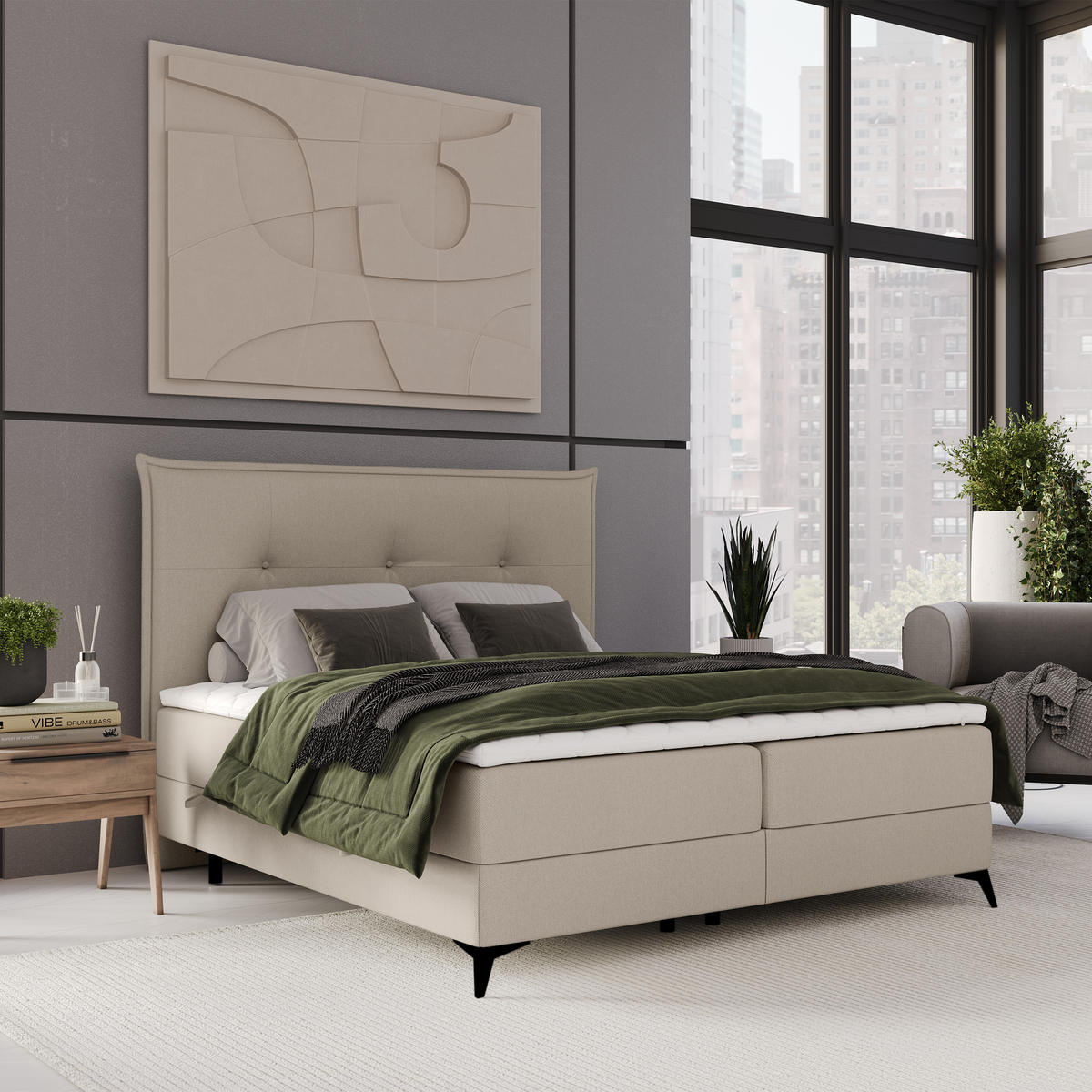 BOXBETT Menzzo Beige 180/200 cm mit Matratze und Topper - Beige/Schwarz, Holz/Holzwerkstoff (180/200cm) - Maison de Reve