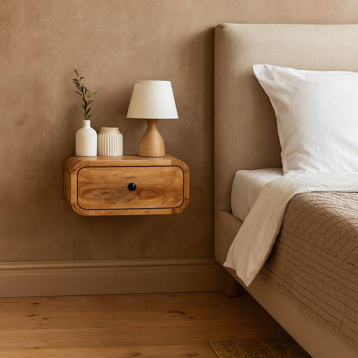 NACHTKASTEN Avora Mini Wandmontiert Eichenoptik, 1 Schublade, Beige - Beige/Schwarz, Holz/Metall (30/15/25cm) - Artisan Furniture