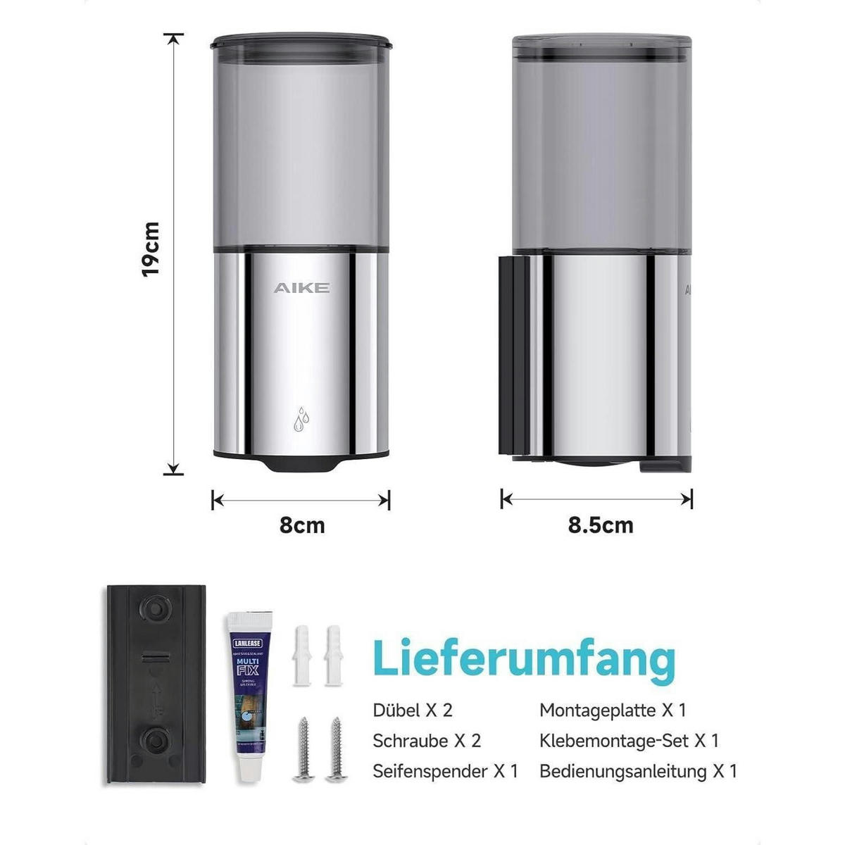 AUTOMATISCHER Seifenspender Wandmontage 400ml Edelstahl Poliert - Silberfarben, Metall (8/19/8.5cm)