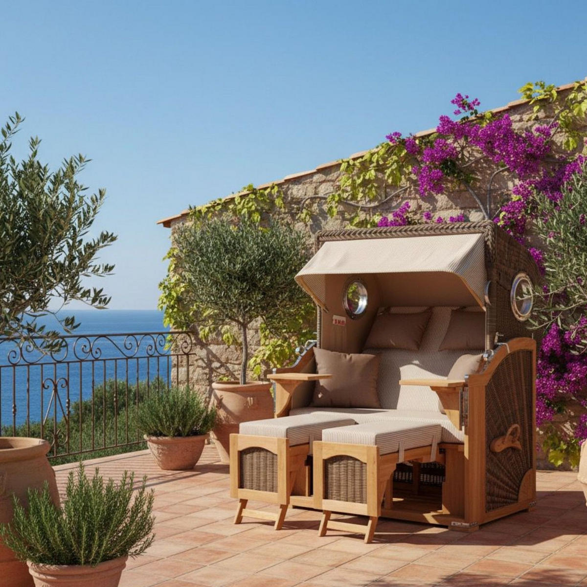 STRANDKORB Düne 2 Sitzer Teak PE Grey - Taupe/Braun, Holz/Metall (125/170/80cm) - Mr. Deko