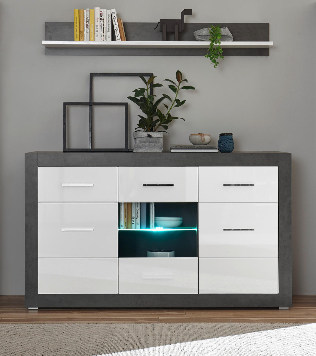 SIDEBOARD weiß Hochglanz, grau Stone 164 cm, Kommode 6 Fächern - Chromfarben/Weiß Hochglanz, Glas/Holzwerkstoff (164/97/42cm) - Furn.Design