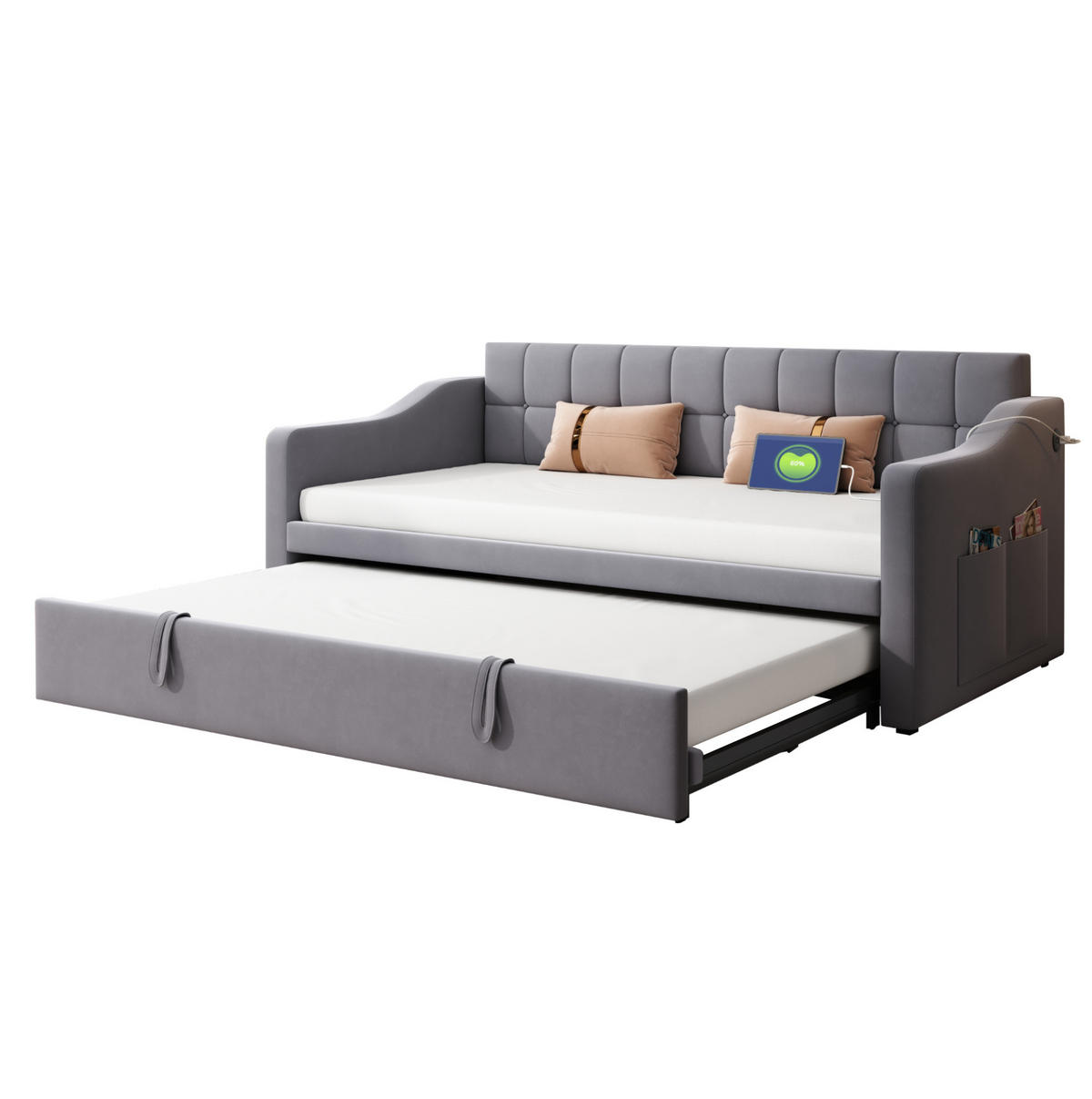 POLSTERBETT 90/190 cm Grau Samtstoff mit Steckdosen und Stauraum - Grau, Textil (90/190cm) - OKWISH
