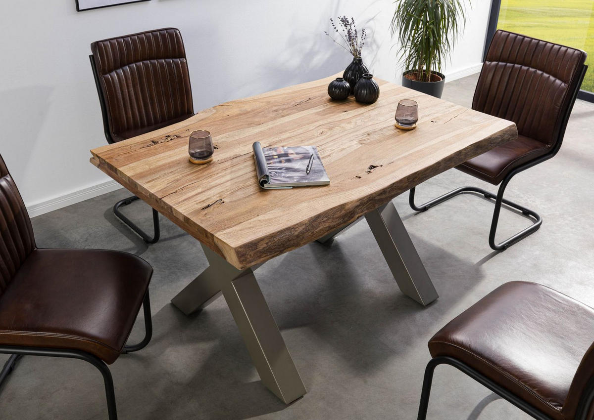 BAUMTISCH Sheesham 140x90x77 natur sandgestrahlt / X-Beine silber matt FREEFORM 5 - Silberfarben/Naturfarben, Holz (140/90/77cm) - Massivmoebel24
