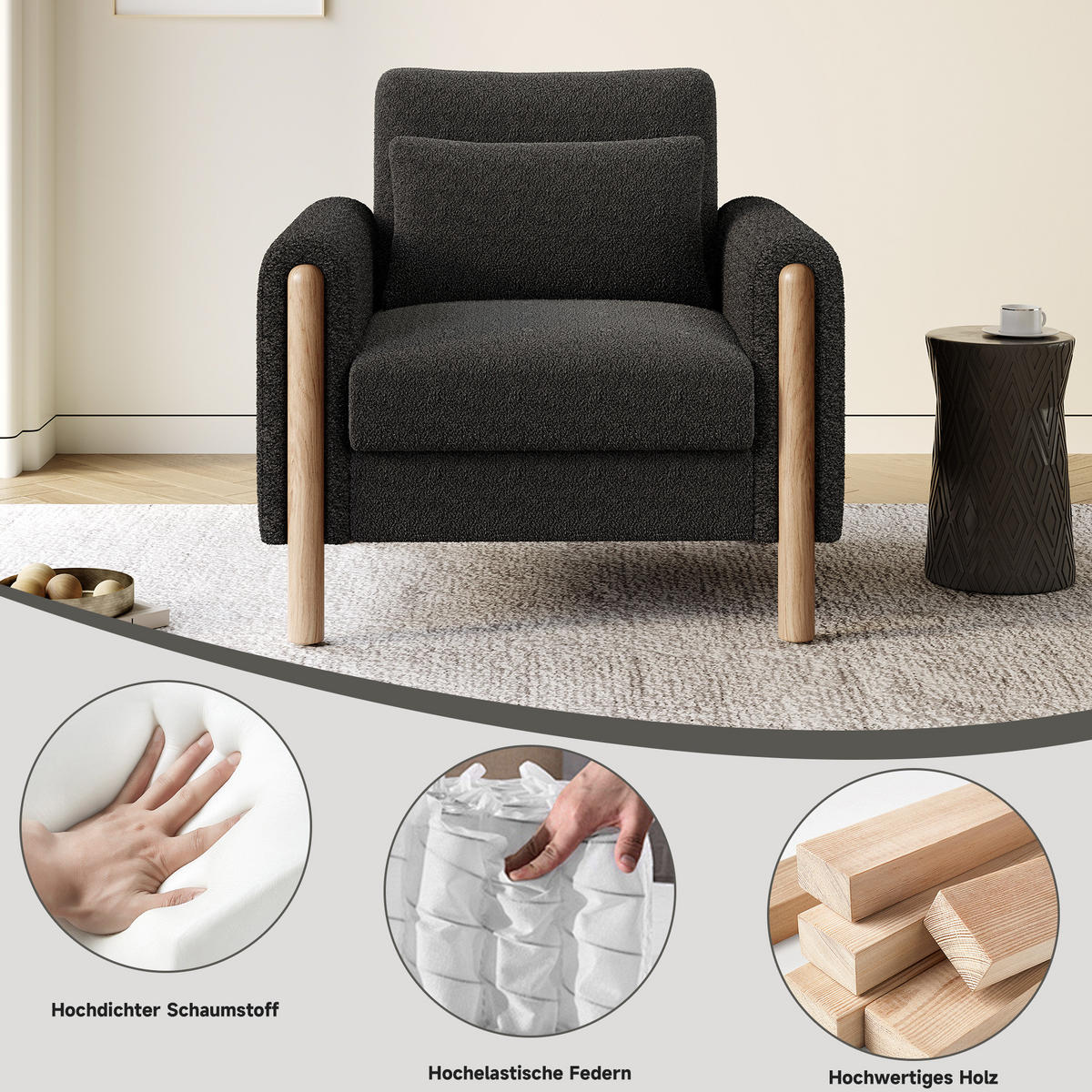RELAXSESSEL 87/83/88,5 cm dunkelgrau aus Teddy mit dickem Sitzkissen - Dunkelgrau, Textil (83/88.5/87cm) - OKWISH