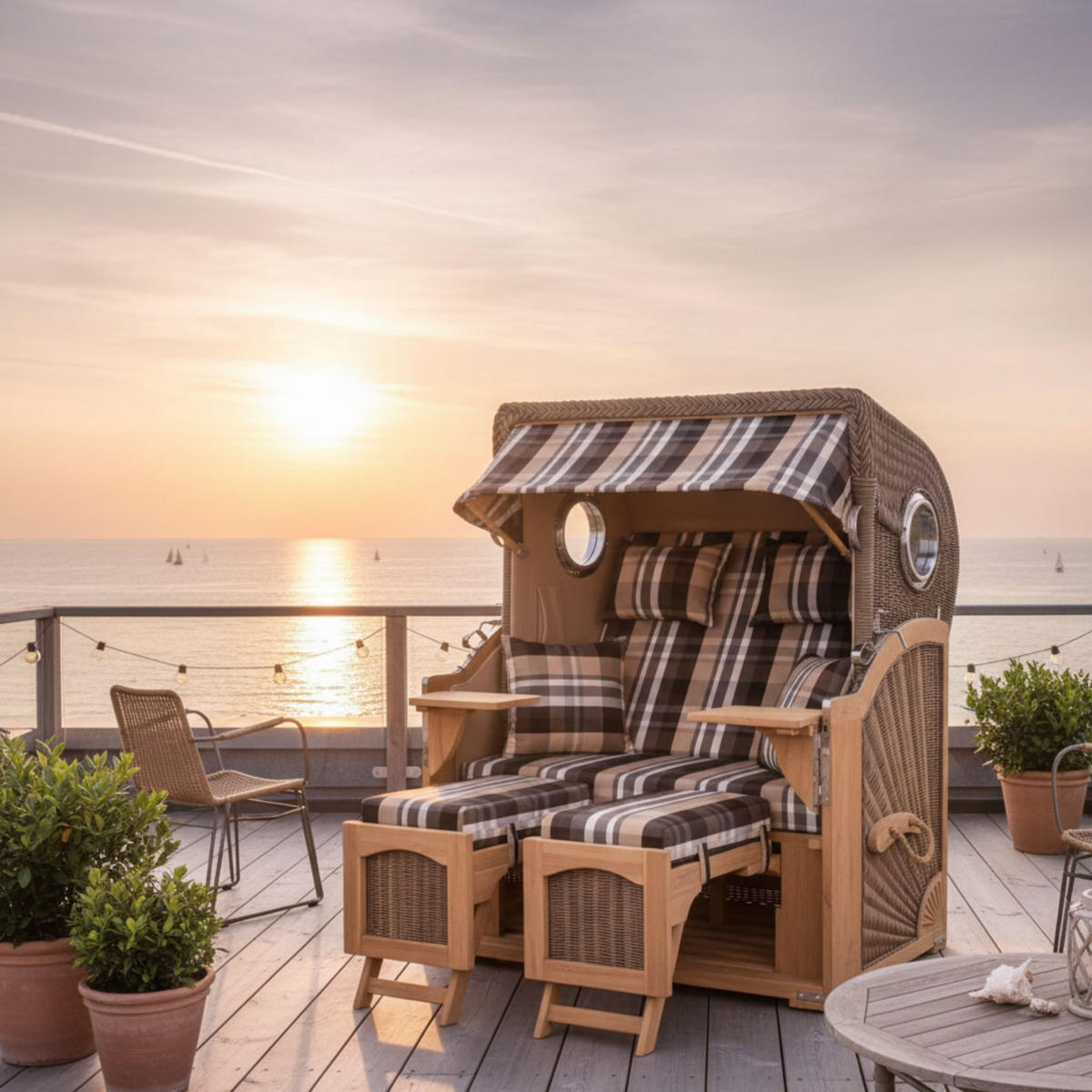 STRANDKORB Düne 2 Sitzer Teak PE Grey - Beige/Braun, Holz/Metall (125/170/80cm) - Mr. Deko