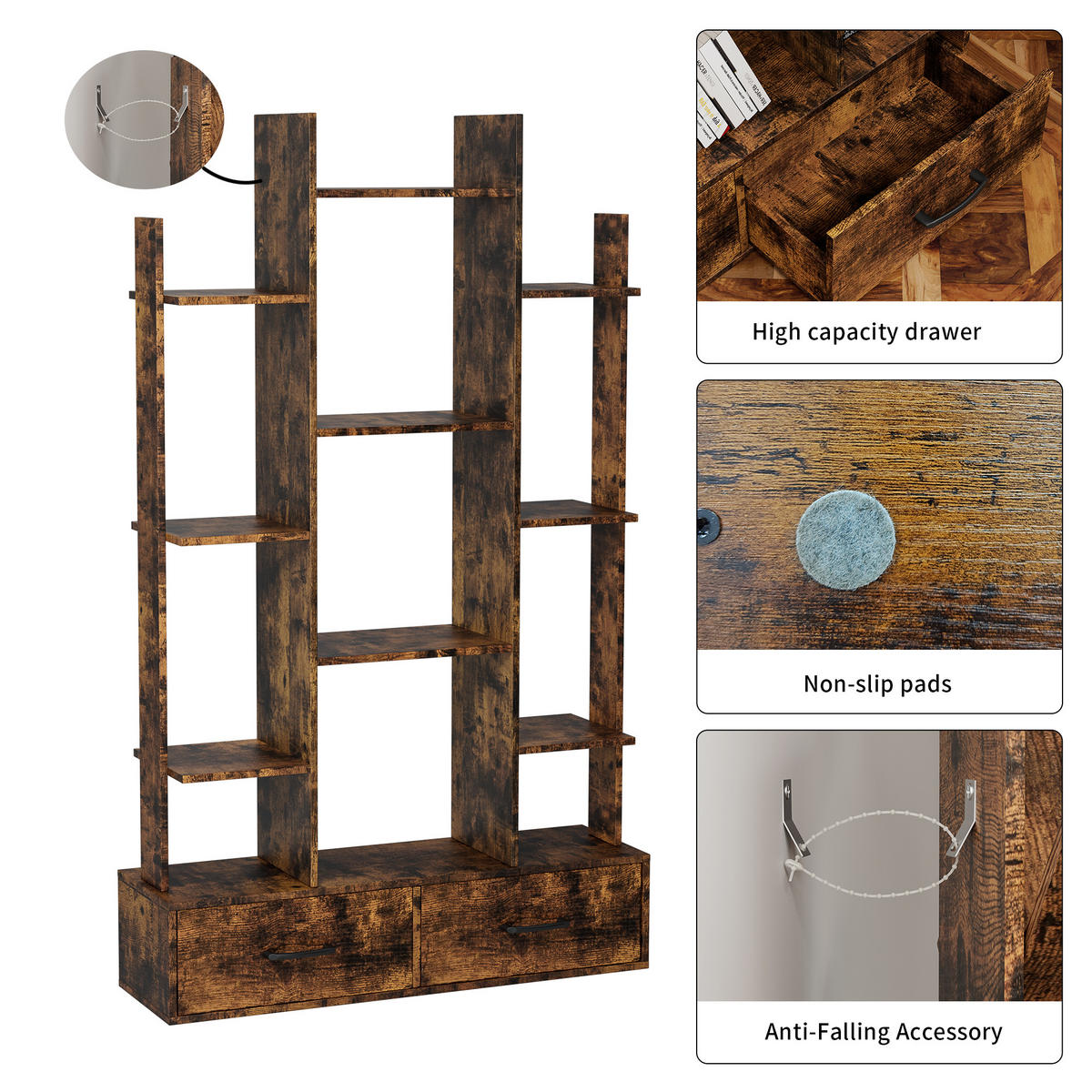 BÜCHERREGAL Dunkelbraun 12 Fächer 2 Schubladen 86/25/140 cm - Braun, Metall (86/140/24cm) - PANGIVO