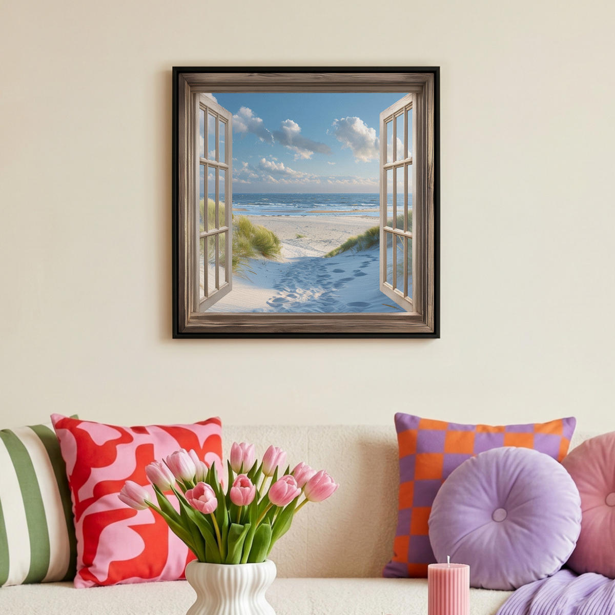 LEINWAND Bilder mit Rahmen - Aussicht - Strand - Fenster - Dünen - Meer - 50x50 - Hellblau, Textil (50/50cm) - MuchoWow