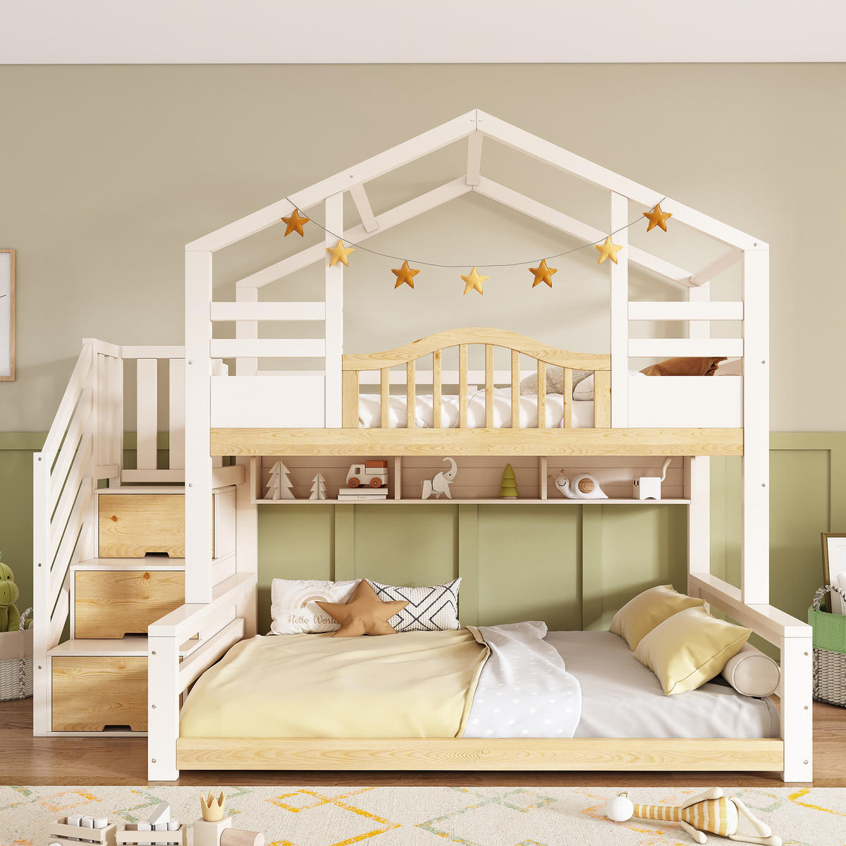 ETAGENBETT 90/200 cm & 140/200 cm in Weiß & Holzfarbe mit Treppenschrank und Regalen - Weiß, Holz/Holzwerkstoff (140/200cm) - WISHDOR