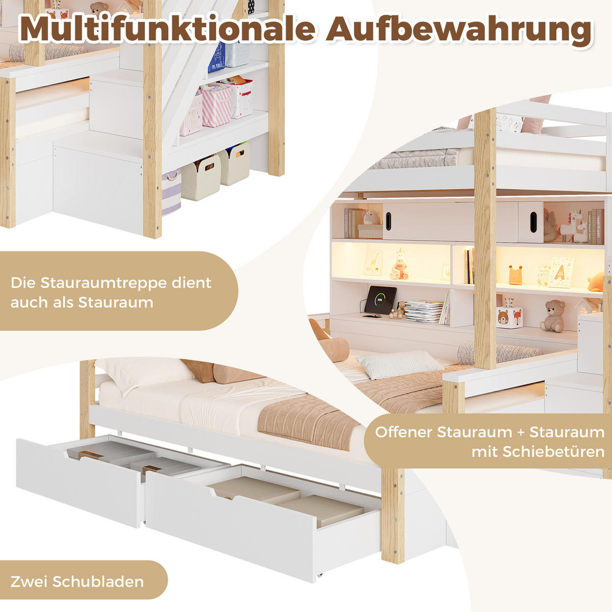 ETAGENBETT 90/200 cm mit Stauraumtreppe und Schiebetüren, DE-41822, in Weiß - Weiß, Holz (90/200cm) - ComfortXL