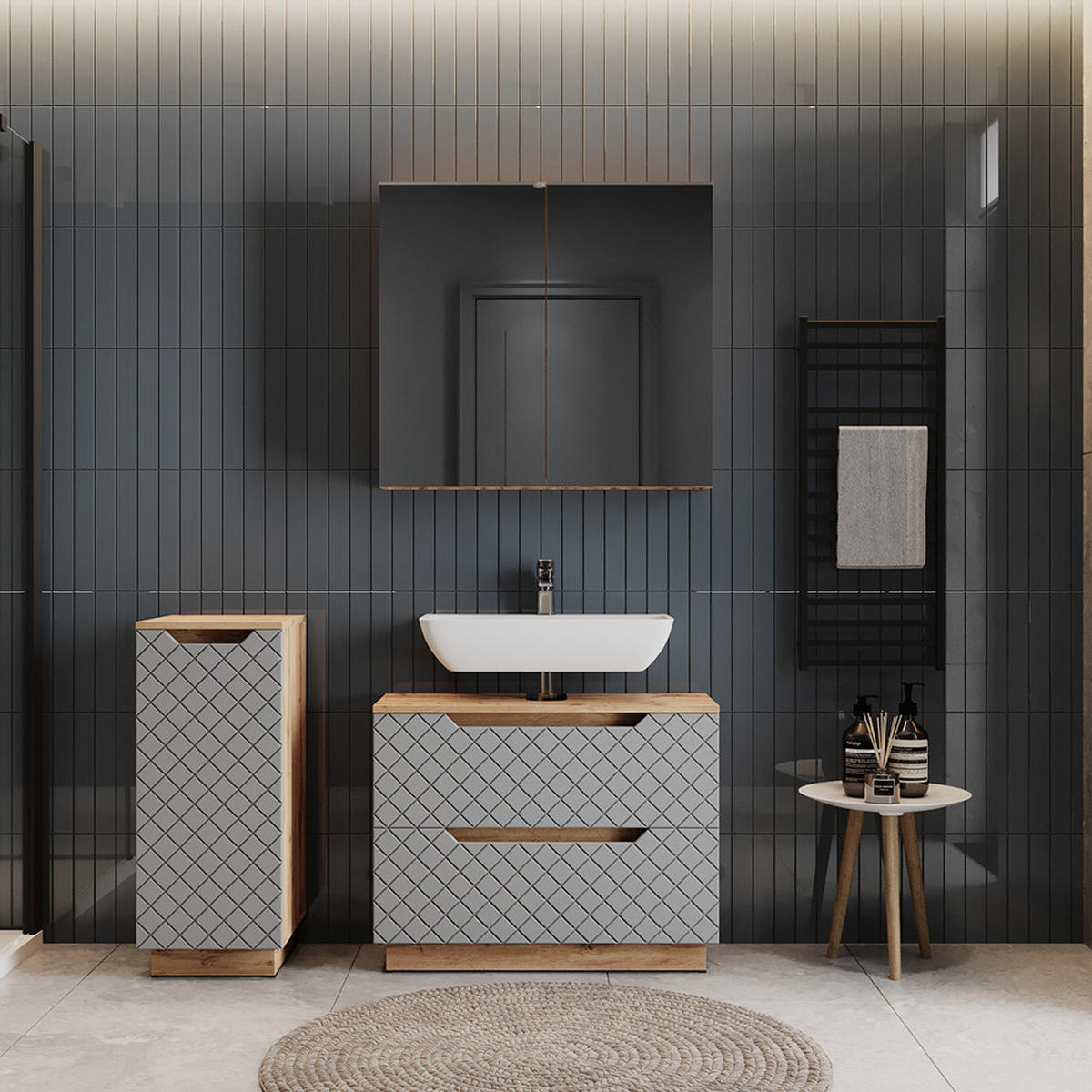 BADMÖBEL-SET Lotta Eiche/Grau mit Kachelstruktur 3 Teile - Grau, Holzwerkstoff (79.6/62.5/32cm) - Vicco