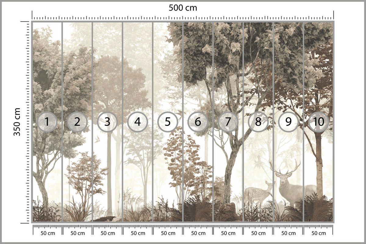 FOTOTAPETE für Esszimmer Vintage Wald Bäume Hirsche 500x350 - Gelb/Beige, Papier (500/350cm) - Muralo