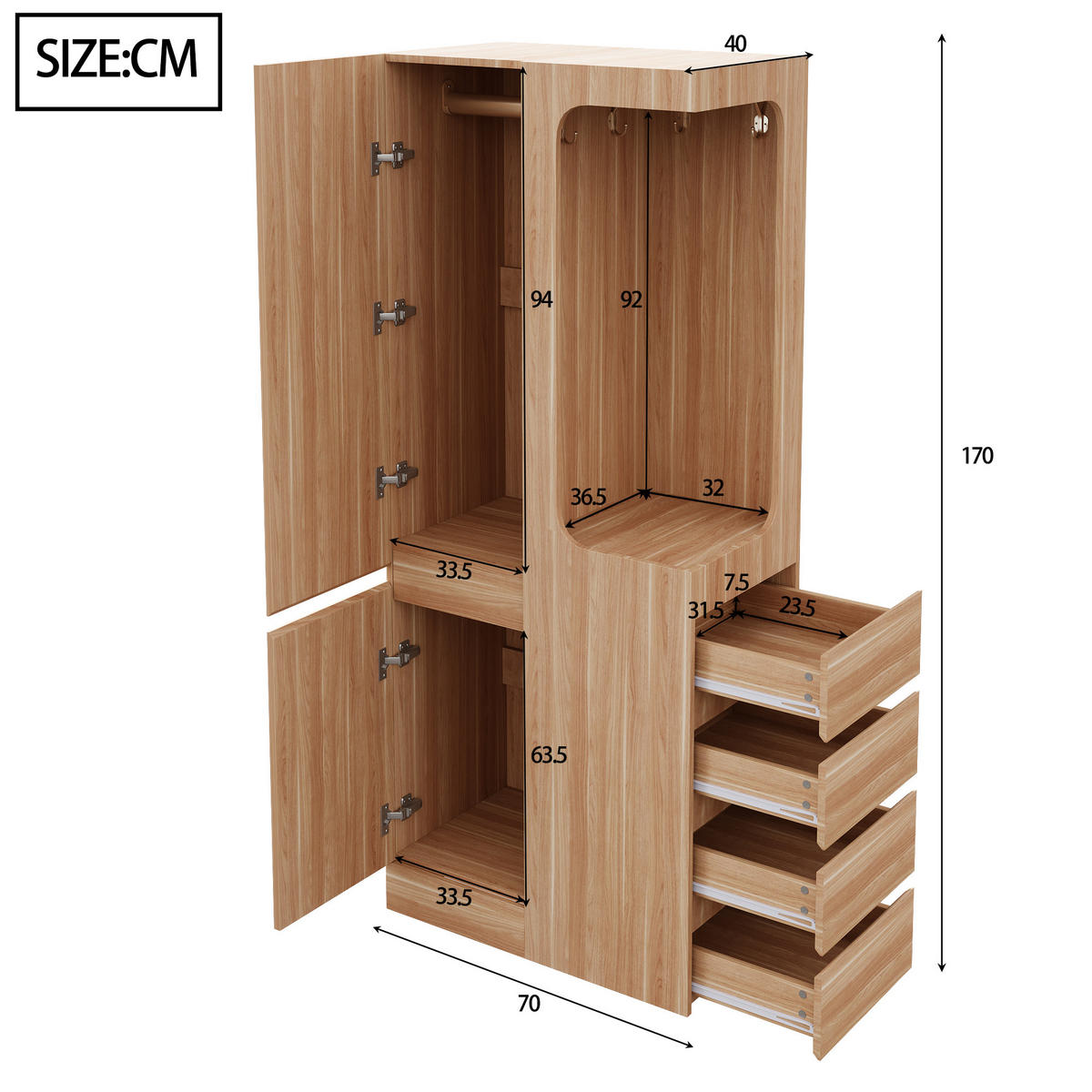 KLEIDERSCHRANK in Naturfarben mit Schubladen und Staufächern für Schlafzimmer und Wohnzimmer, B70/T40/H170 cm - Naturfarben, Holzwerkstoff (70/170/40cm) - STILVORA
