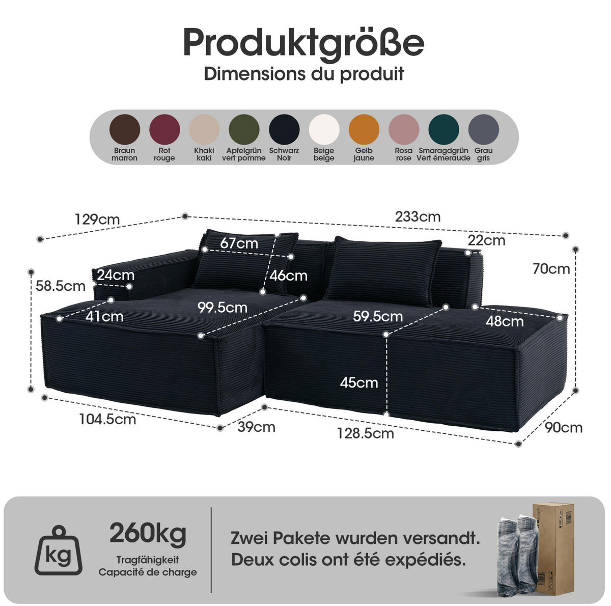 ECKSOFA aus Polyester 235 cm Schwarz mit Taschenfederkern und pflegeleichtem Bezug, kompakt für kleine Räume - Schwarz, Textil (235/129cm) - Modfu