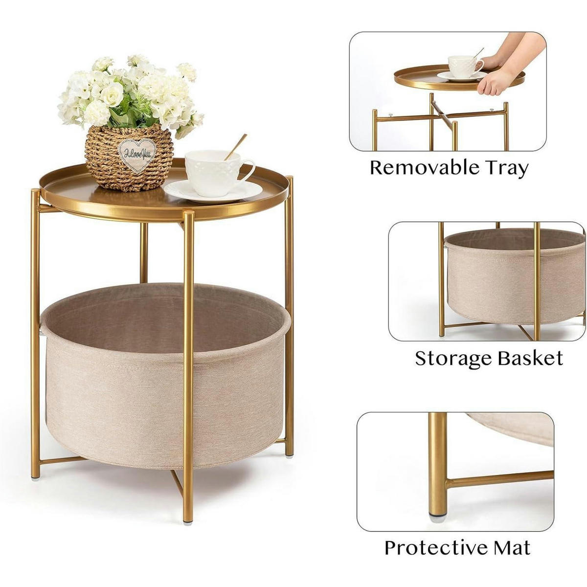 BEISTELLTISCH Rund mit Stauraum Gold - Goldfarben, Metall (45/45/52cm)