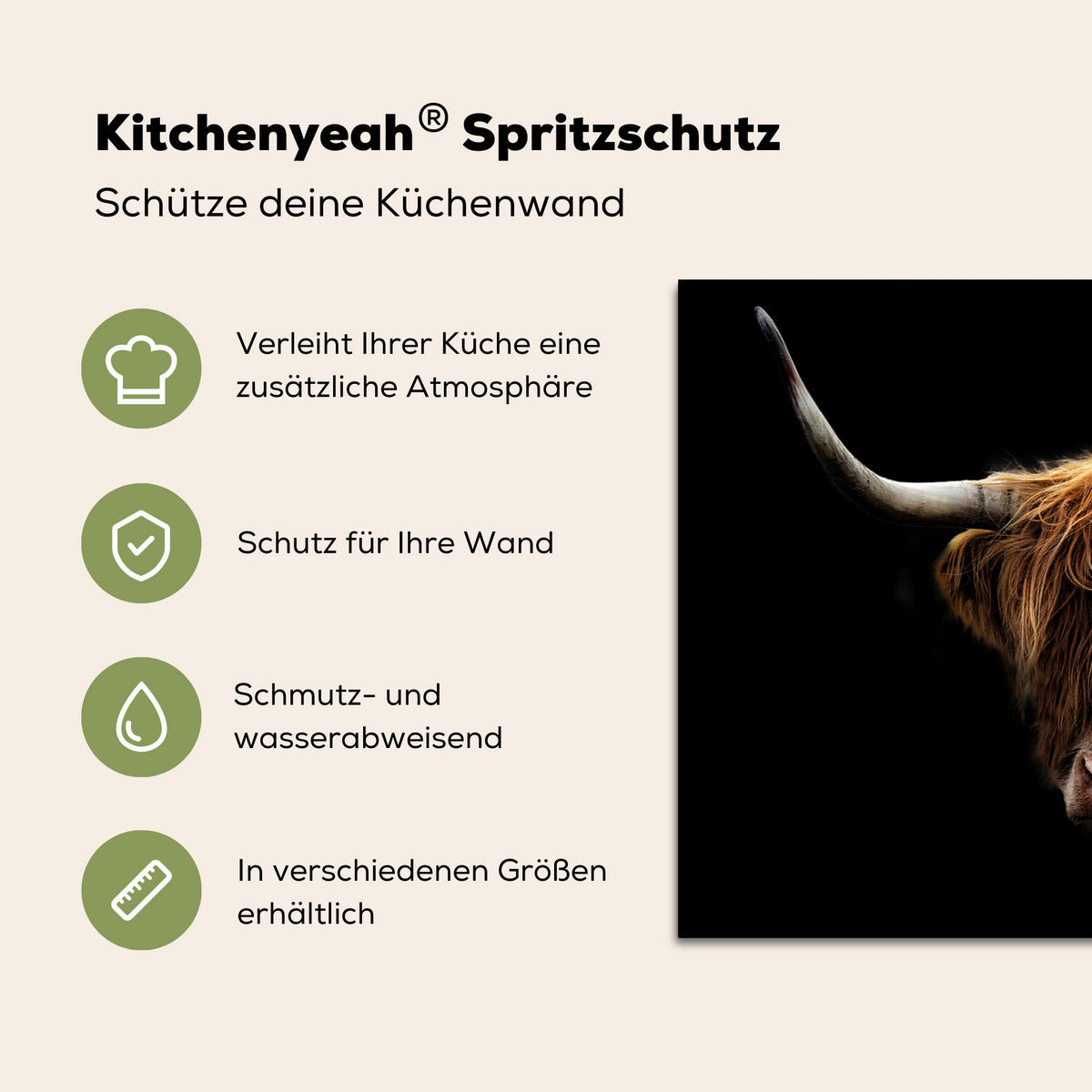 SPRITZSCHUTZ KÜCHE Schottischer Highlander - Hörner - Schwarz - Tiere - Natur - Wild - Kuh 80x55 cm - Cognac, Metall (80/0.3/55cm) - MuchoWow