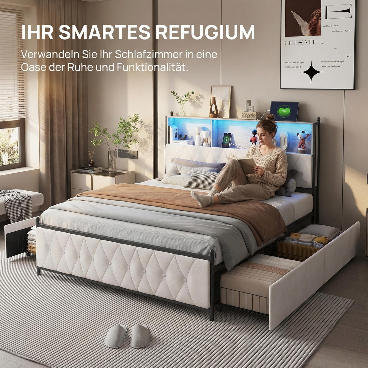 DOPPELBETT 160/200 cm Samt mit LED Schubladen und Ladestation - Beige, Holz (160/200cm) - PARAFTA HOME