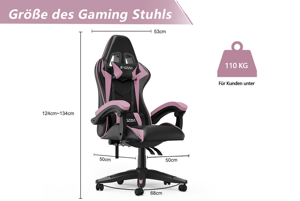 GAMING-STUHL ergonomisch, verstellbare Rückenlehne, Kissen – Schwarz/Pink - Pink, Leder (59/120/56cm) - Rattantree