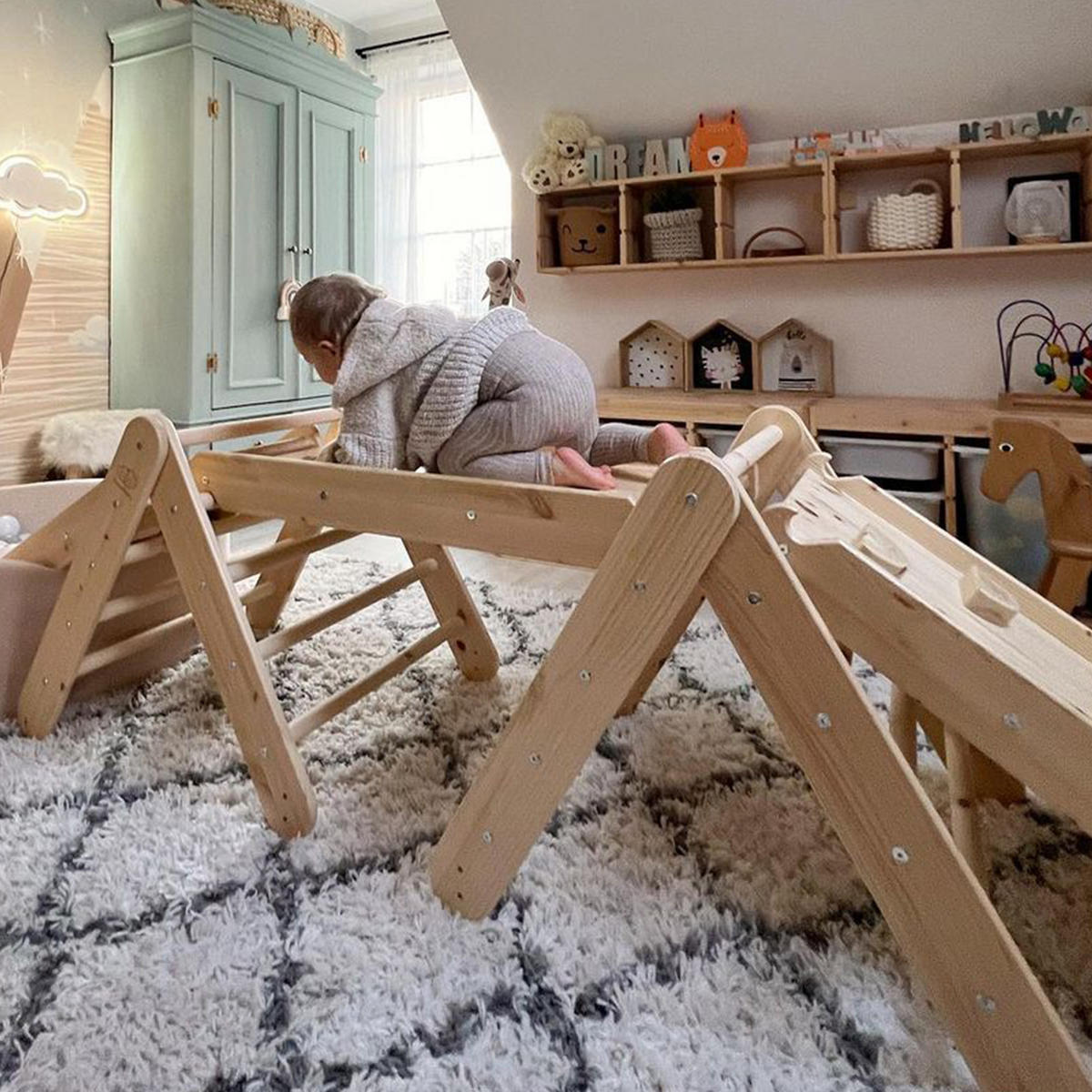 KLETTERDREIECK für Kinder mit Rutsche und Kletterwand - Set, Montessori, Grau - Grau, Holz (140/59/60cm) - MeowBaby
