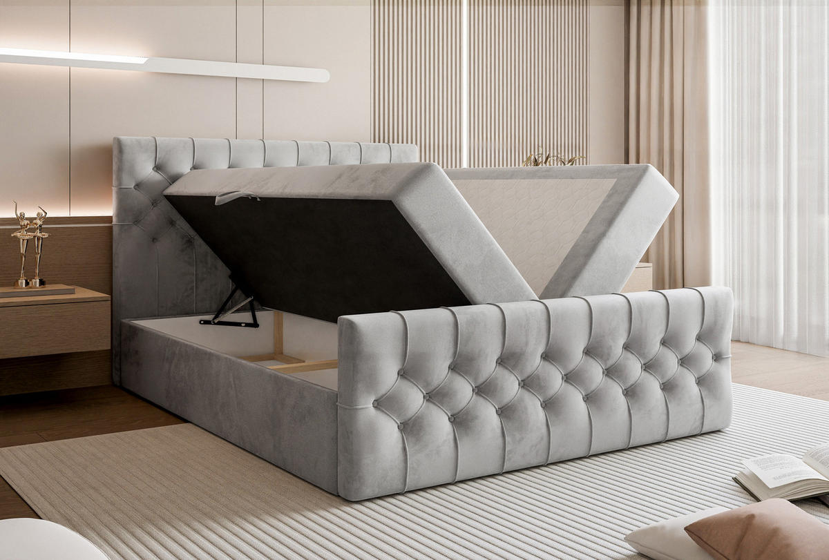 BOXSPRINGBETT Aurora mit Bettkasten, Hellgrau Samt 200x200 cm – inkl. H3 Matratze und Topper - Hellgrau/Schwarz, Holzwerkstoff/Kunststoff (200/200cm) - WFL GROUP