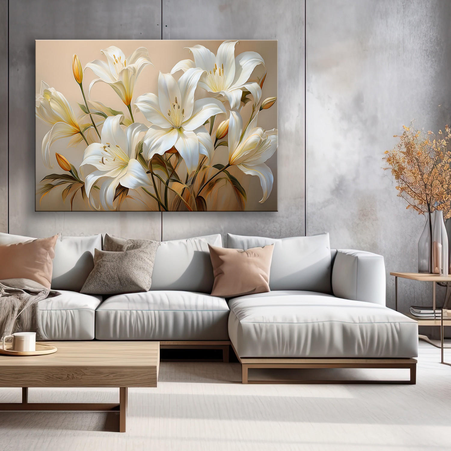 WANDBILD weiße lilien blumenstrauß blumen pflanzen - Beige, Textil (60/40cm) - Feeby