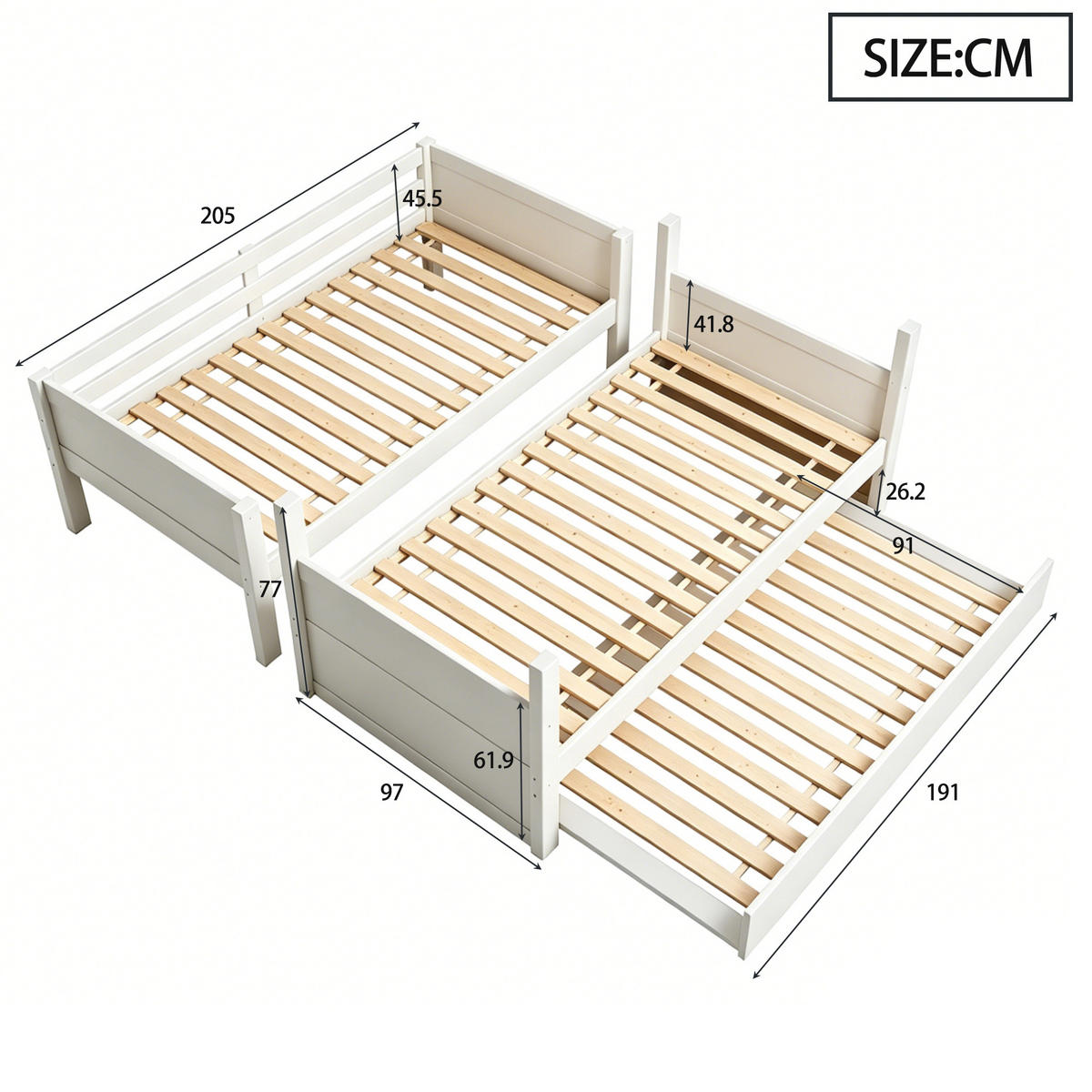 ETAGENBETT 90x200cm Holz Ausziehbett Sicherheitsgeländer Weiß - Weiß, Holz (90/200cm) - FLIEKS