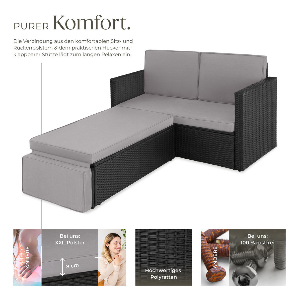 RATTANLOUNGE Korfu,Hocker mit klappbarer Stütze,schwarz/grau - Schwarz/Grau, Kunststoff - tectake