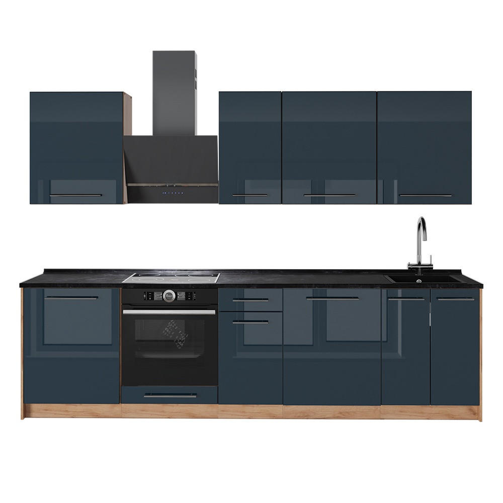 KÖK Fame-Line, Mörkblå högblank/Goldkraft ek, 280 cm utan bänkskiva - Honungsek/Mörkblå, Träbaserade material (280/206.8/51.6cm) - Vicco