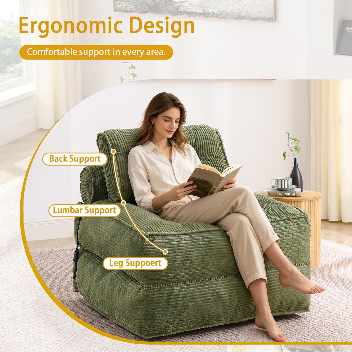 SCHLAFSESSEL 2-in-1 aus weichem Cord, klappbar als Loungesessel und Gästebett - Grün, Kunststoff (85/85/85cm) - Urban Meuble
