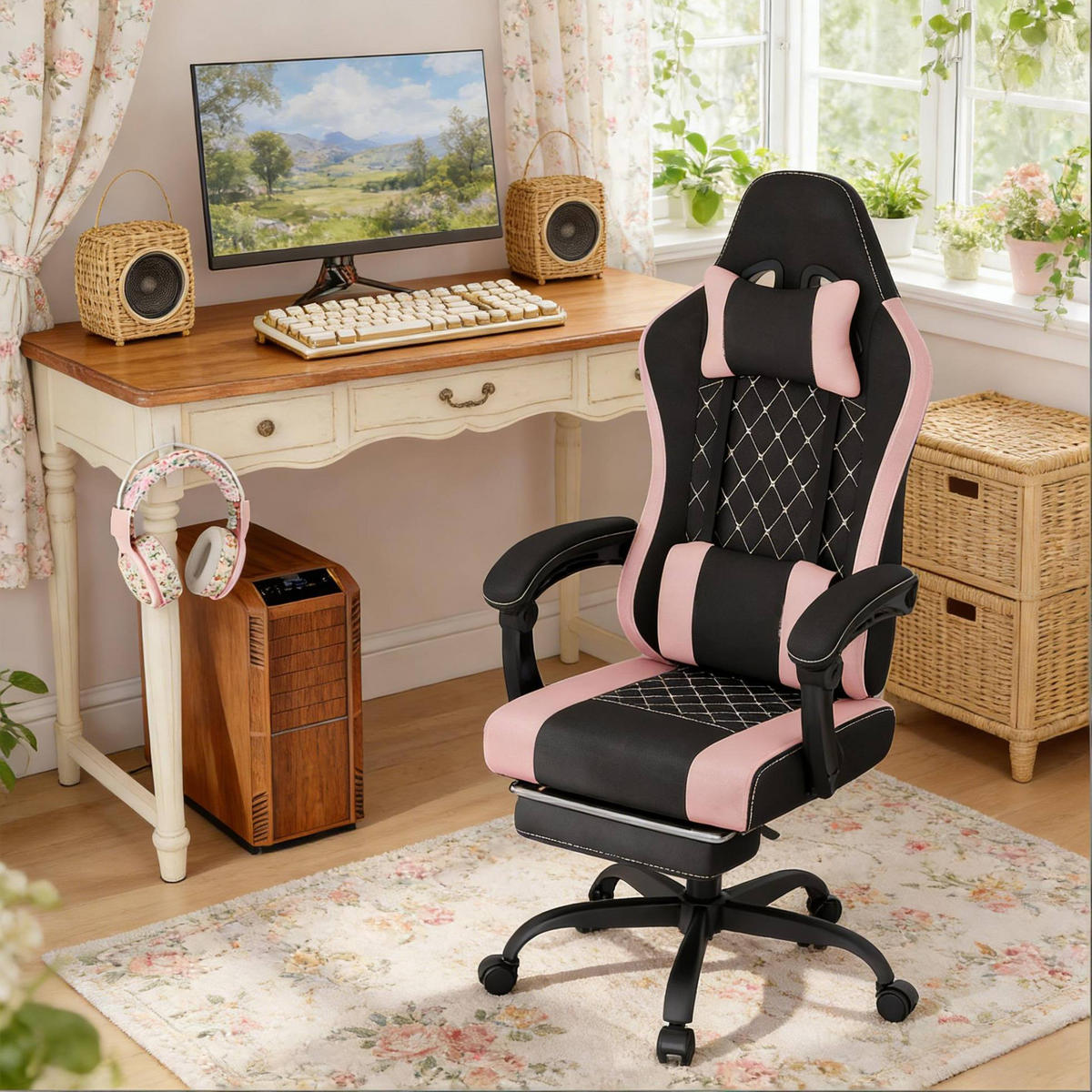 BÜROSTUHL mit Massagefunktion höhenverstellbar Mesh-Stoff Metall Black/Pink - Schwarz, Metall (70/127/70cm) - Meubliv
