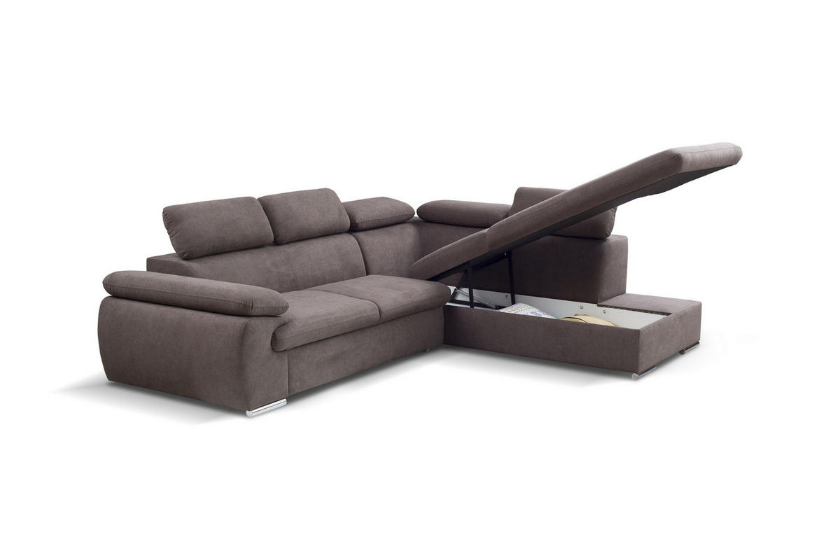 ECKSOFA SACRO Braun Plüsch-Stoff mit Schlaffunktion - Braun, Holz (271/221cm) - MASSENO