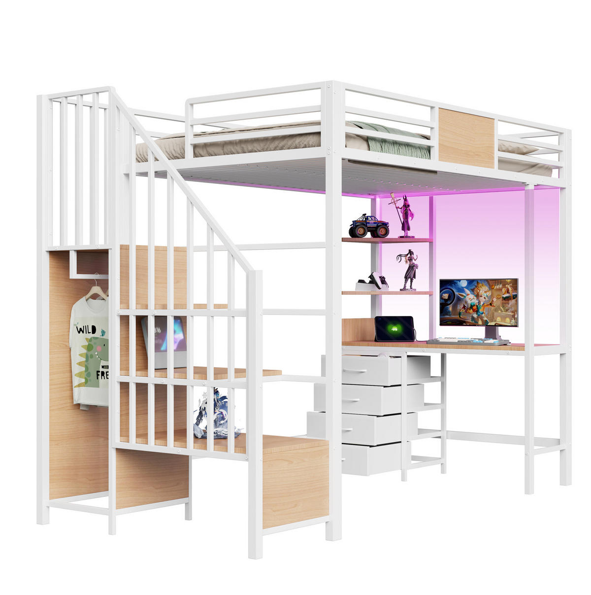 HOCHBETT 90/200 cm aus Metall und MDF mit Schreibtisch, Ablagen, Kleiderstange, LED und Steckdose Weiß - Weiß, Metall (90/200cm) - Modenvie