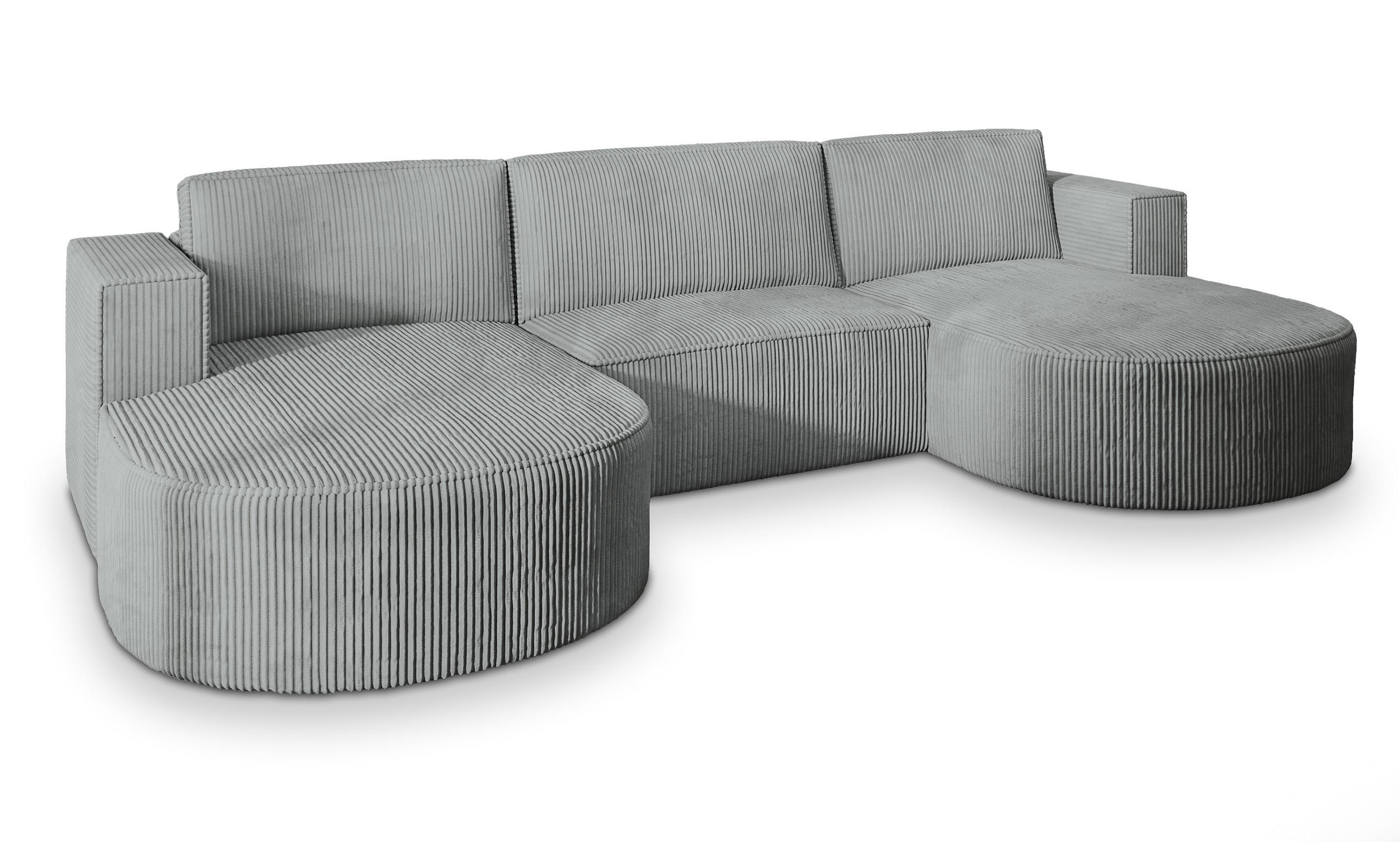 WOHNLANDSCHAFT VEZZO P Hellgrau Kordstoff mit Schlaffunktion - Hellgrau, Holz (347/85/174cm) - MASSENO