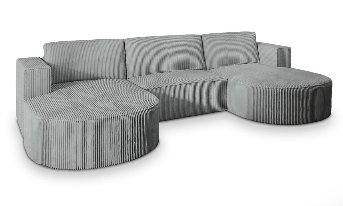 WOHNLANDSCHAFT VEZZO P Hellgrau Kordstoff mit Schlaffunktion - Hellgrau, Holz (347/85/174cm) - MASSENO