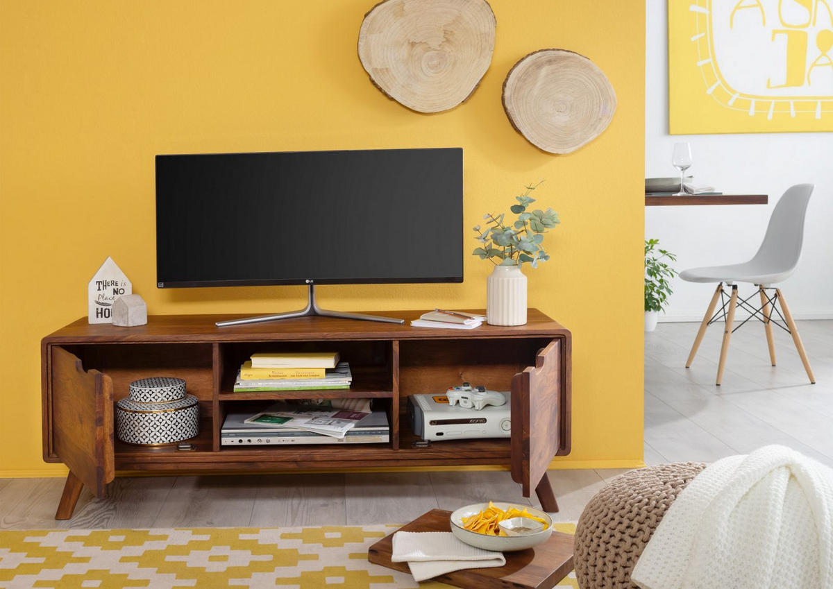 TV-BOARD Sheesham 134x40x48 walnuss gewachst MALMÖ 2 #119 - Dunkelbraun, Holz (134/48/40cm) - Massivmoebel24