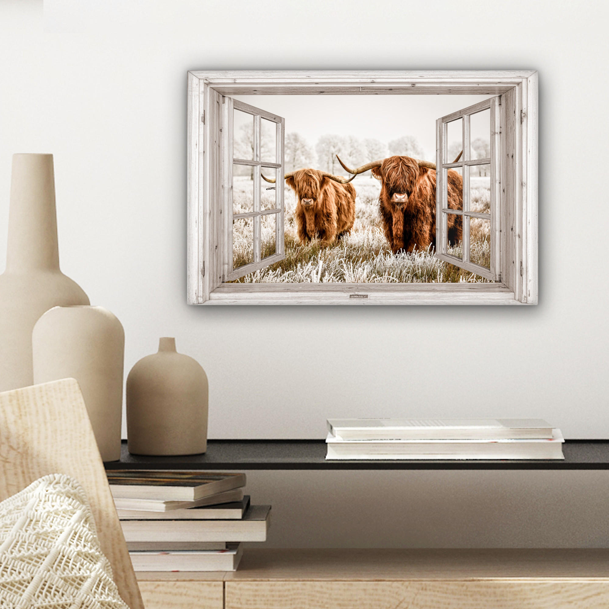 LEINWANDBILD Durchblick - Schottische Highlander - Tiere 30x20 cm - Hellbraun, Textil (30/20cm) - MuchoWow