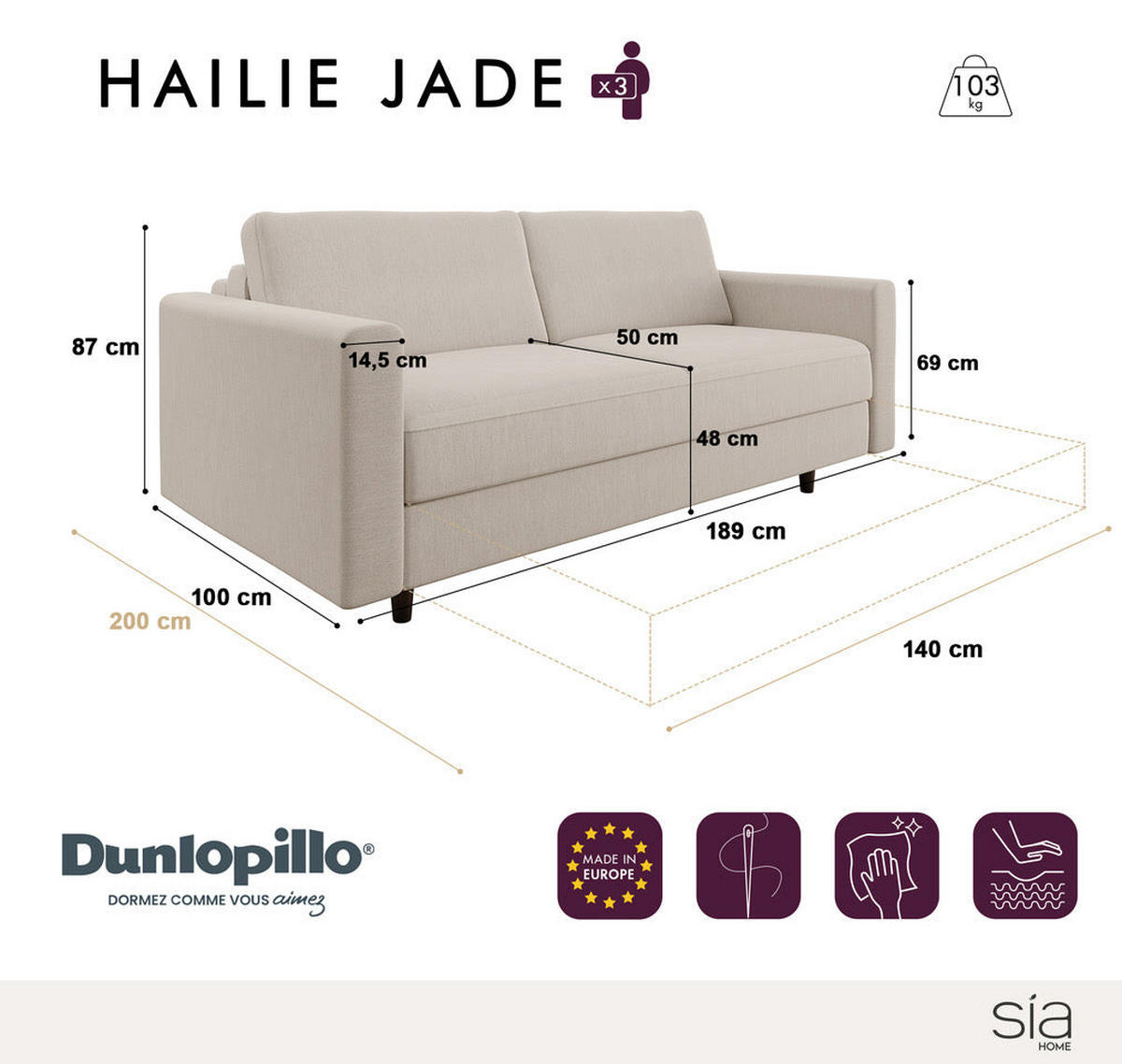 SCHLAFSOFA GERADE Rastergewebe Blaugrau 180cm - Blaugrau, Textil (180/87/100cm) - Sia Home