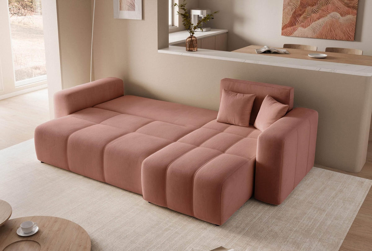 ECKSOFA Puderrosa Velours mit Bettkasten und Schlaffunktion - Rosa, Textil (248/145cm) - Idohome