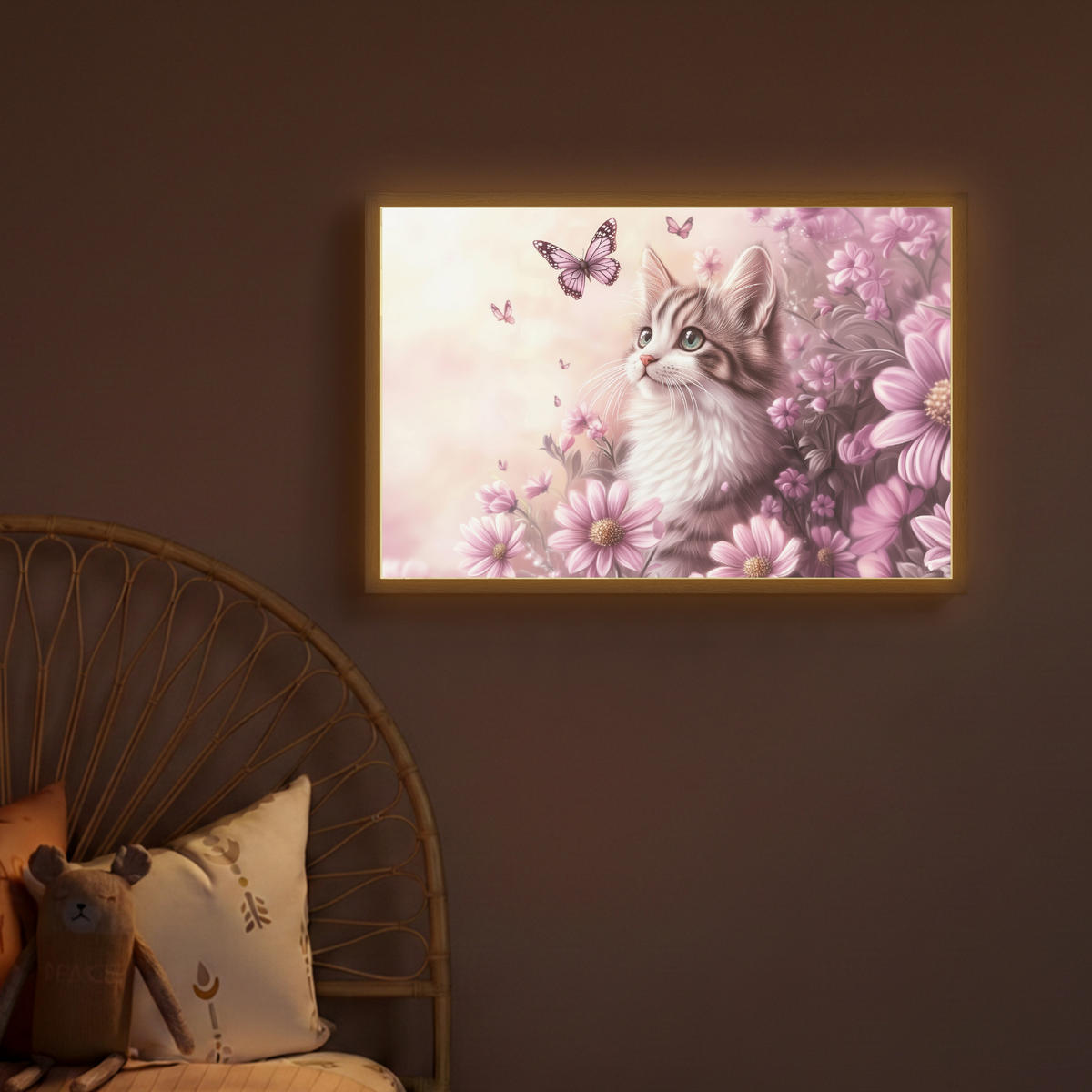 NACHTTISCHLAMPE MIT AKKU Kätzchen - Blumen - Schmetterlinge - Lila 60x40 cm - Altrosa, Holzwerkstoff (8/60/40cm) - OnlyWow